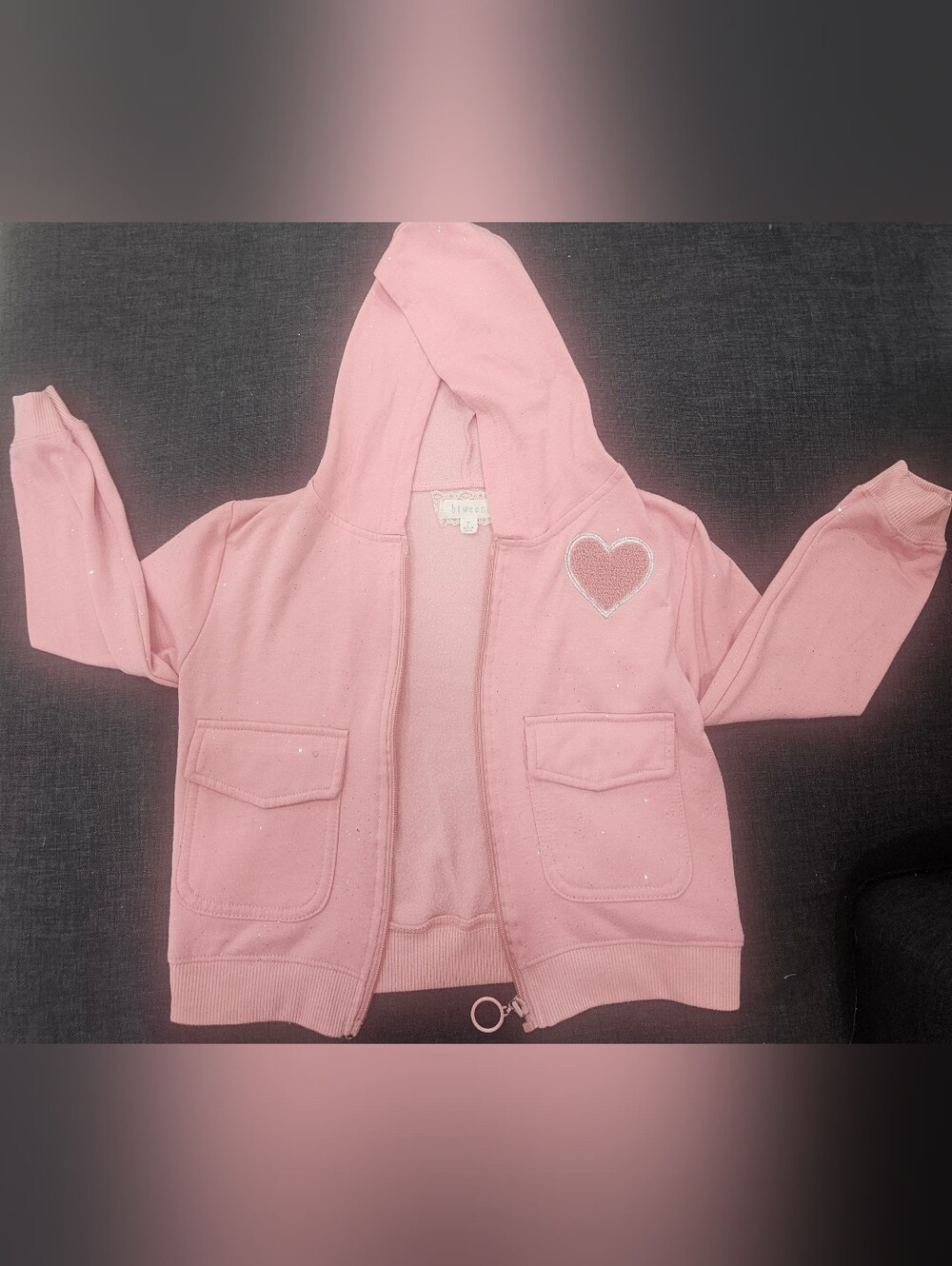 btween Pink Hooded Zip Sweatshirt with Heart Patch